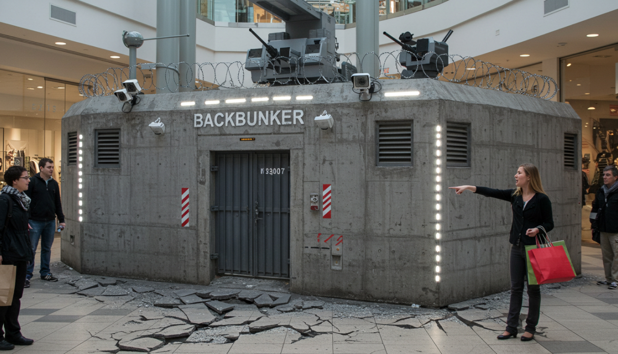 A military concrete bunker deployed in a shopping mall