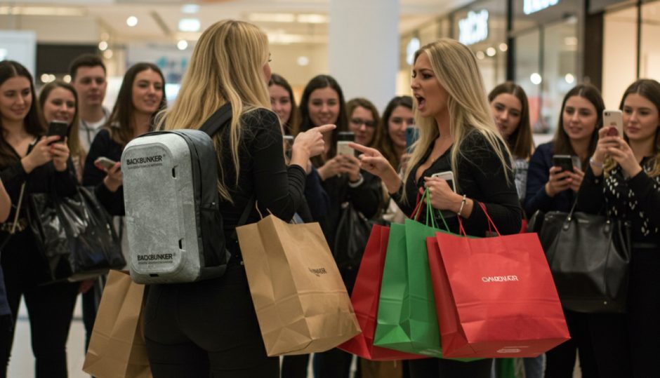 Two women argue in a shopping mall, one is wearing a backbunker backpack