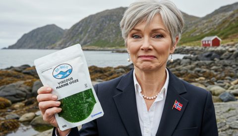 Dypvann CEO Hilde Fjeld with a packet of Viscous Marine Ooze
