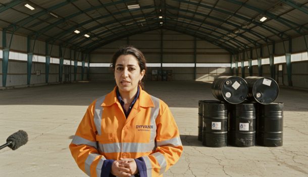 Dypvann representative talking to press in front of eight oil barrels