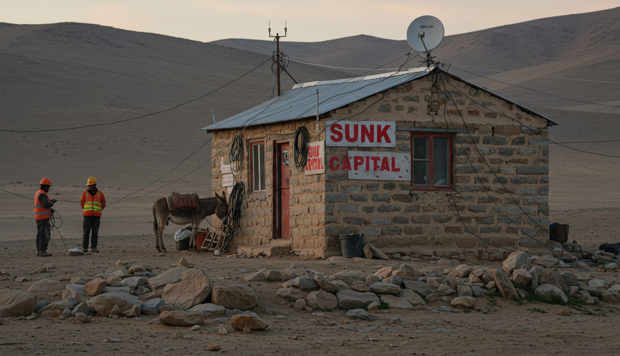 Sunk Capital's Gobi Desert office. A ramshackled stone building in an inhospitable wasteland.