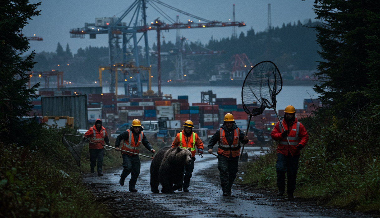 Construction workers rounding up a bear with nets