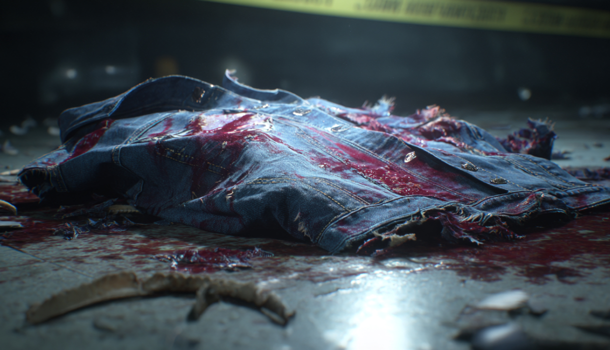 A badly shredded and torn denim jacket covered in blood and sharks teeth.