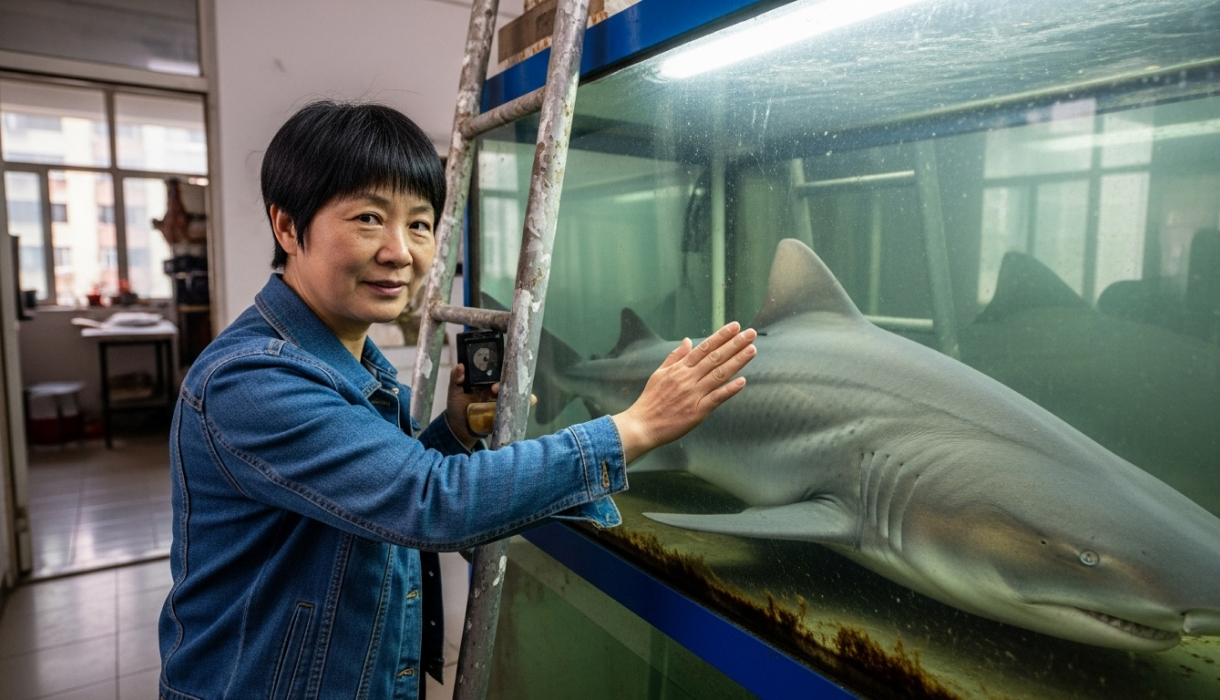 A Chinese woman stood next to a glass tank contained a large adult bull shark.