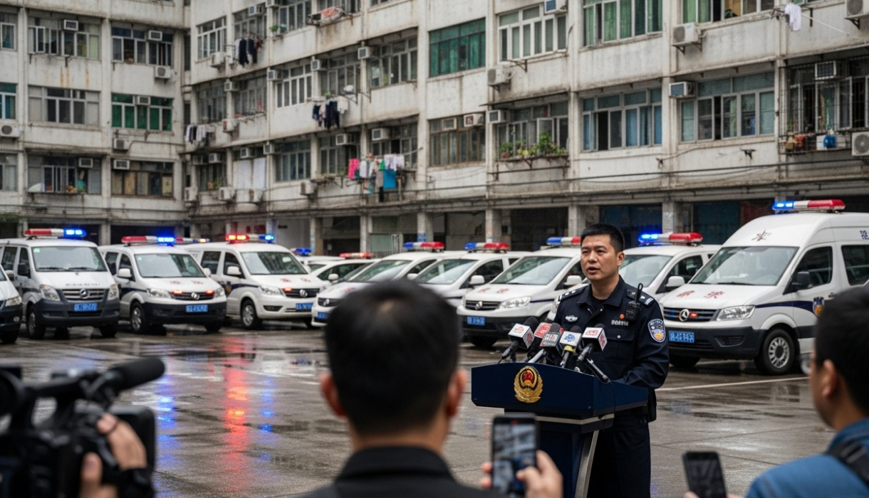 A Chinese police officer gives a statement to the press.