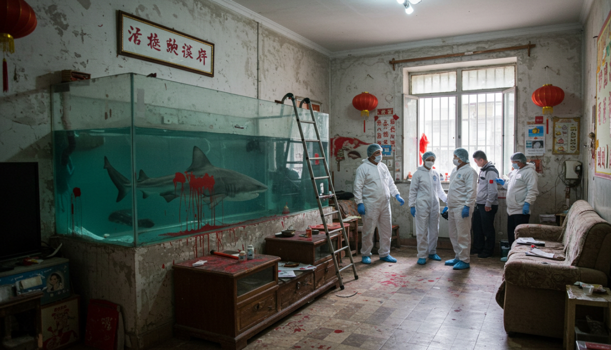 A Chinese city apartment with a bull shark in a red-stained tank with authorities investigating