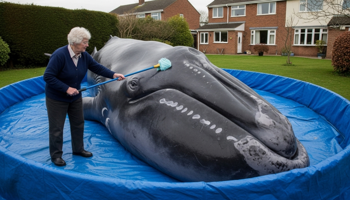 An elderly woman cleaning a North Atlantic right whale with a brush in her garden.