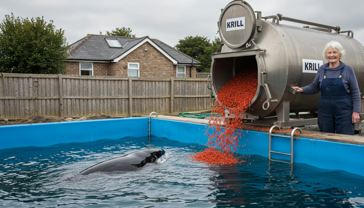 An elderly woman pours krill into a pool in her backgarden that houses a North Atlantic right whale.