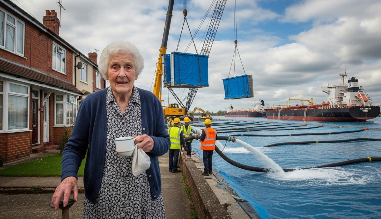 An elderly woman stood behind her home as an ocean is constructed.