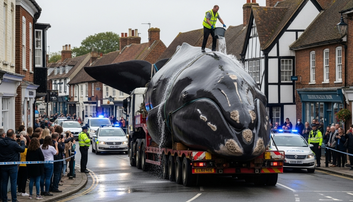 A large whale is transported through a busy town on a truck.