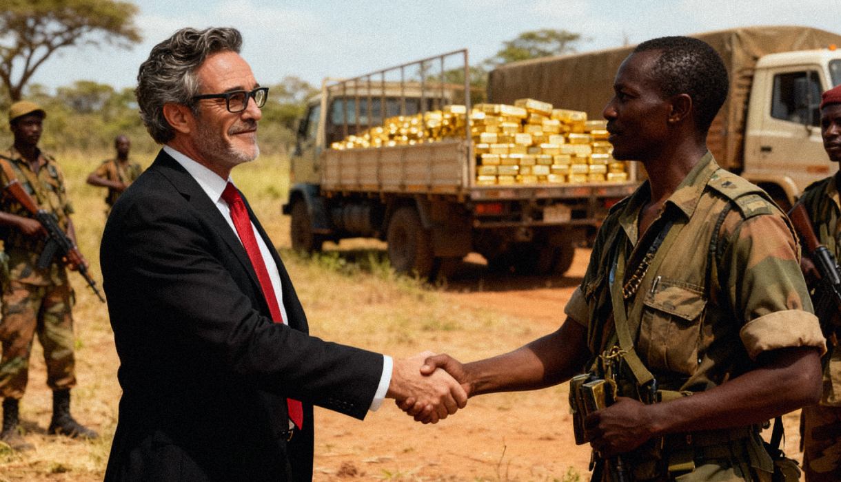 Sunk Capital CEO, Barry Sunk, shakes hands with an African rebel group leader. In the background is a truck filled with gold bars