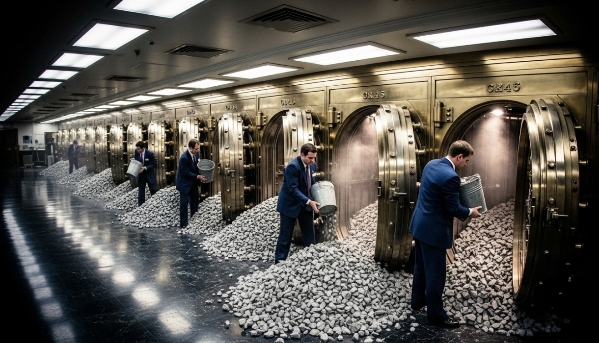 Limestone chippings being stored by bank clerks in vaults.