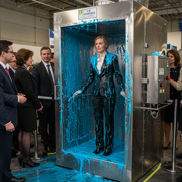 A woman covered in blue slime inside a steel industrial dryer.