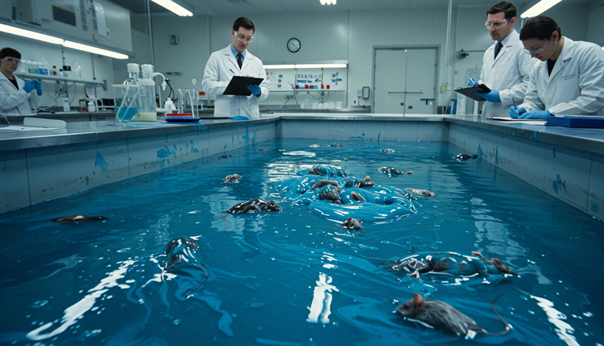Dead mice floating in a pool of blue slime surrounded by scientists wth clipboards