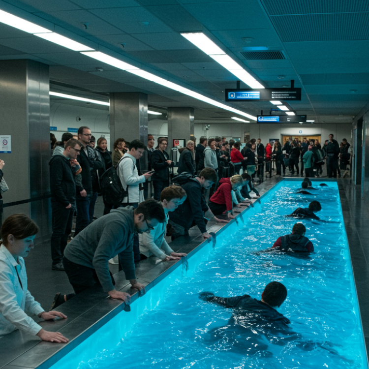Commuters entering a pipe network filled with blue fluid.