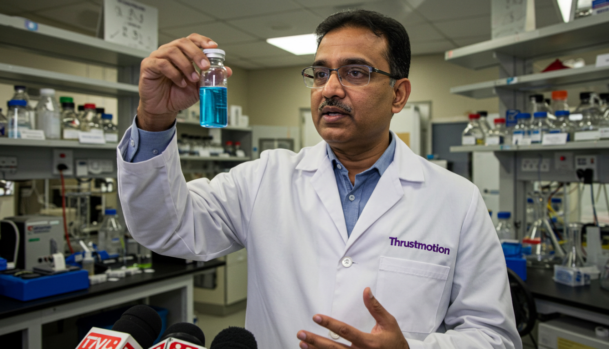 ThrustMotion Chief Scientist, Amit Das, holds up a vial of blue liquid in a laboratory setting
