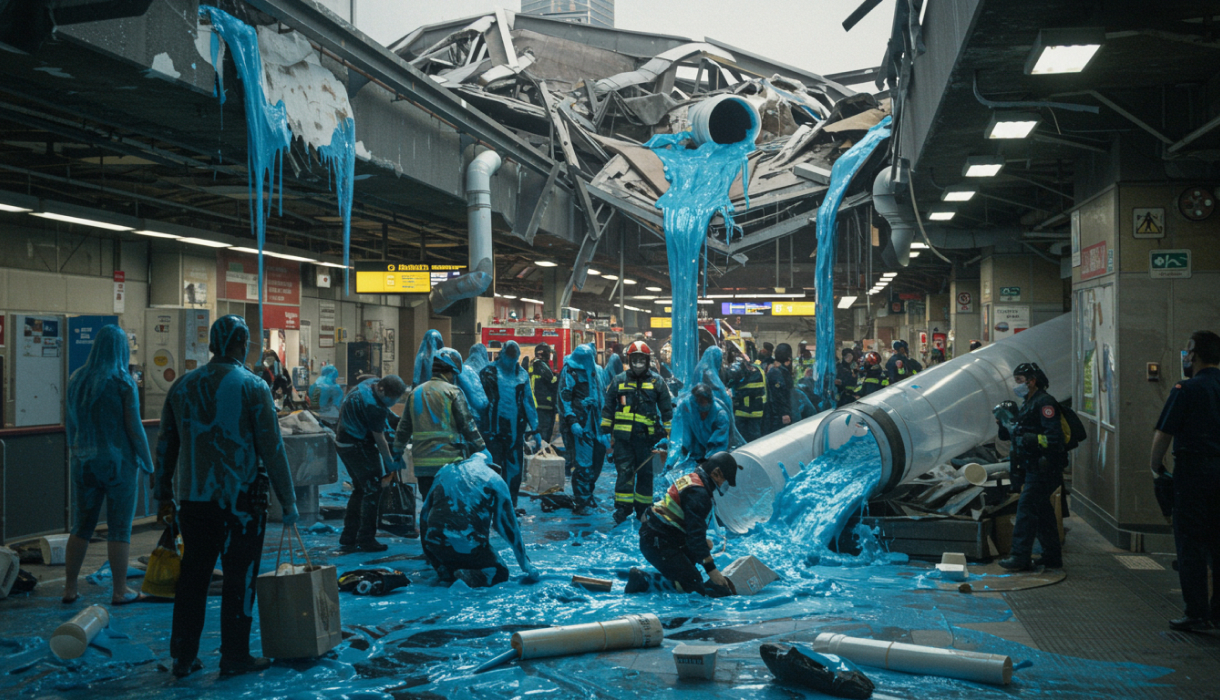A transit hub station covered in blue slime that has had a major accident