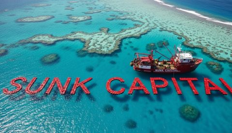 The Great Barrier Reef from above with thousands of red barrels spelling out the words "Sunk Capital".