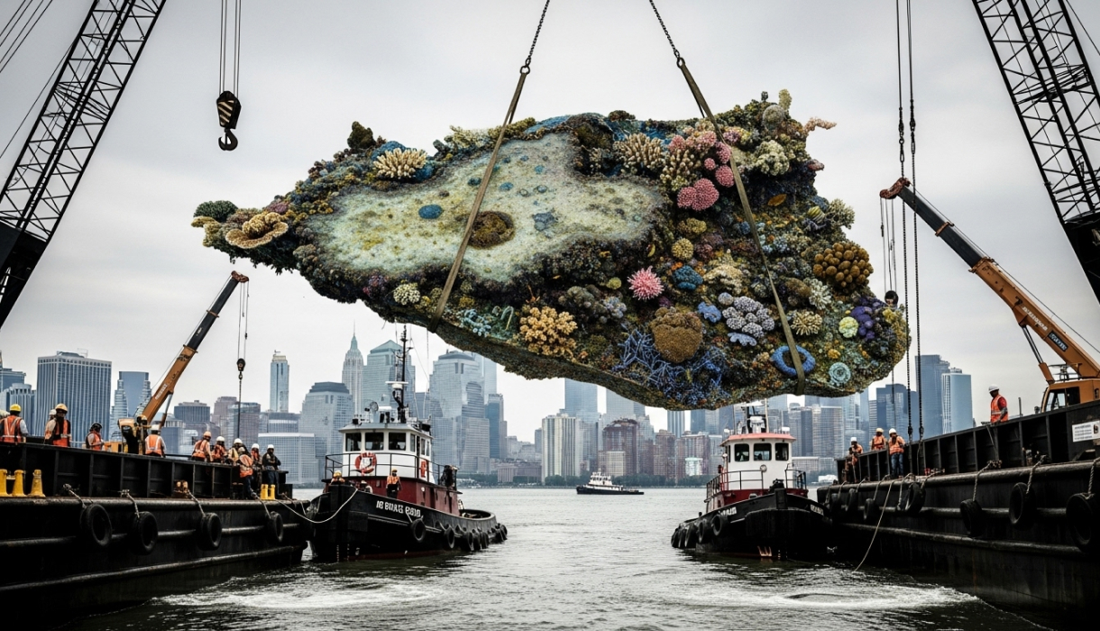 A piece of the Great Barrier Reef is lowered into place in the Hudson River.